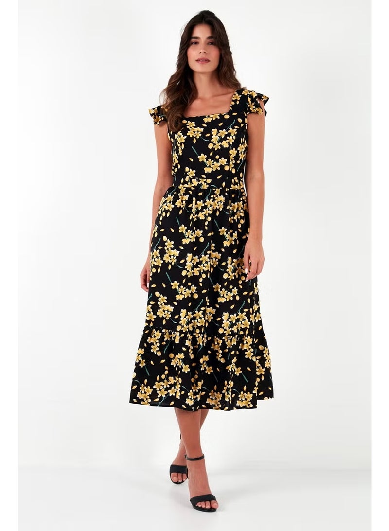 Lela Patterned Regular Fit Square Collar Flounced Midi Dress Women's Dress 611EL501 - Image 4